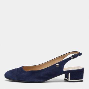 Pre Owned Chanel Navy Blue Suede Cap Toe CC Slingback Pumps Size 38