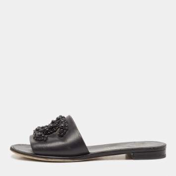 Chanel Black Leather Embellished CC Flat Slides Size 35.5