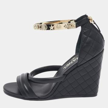 Pre Owned Chanel Black Leather Charm Embellished Ankle Cuff Wedge Sandals Size 40