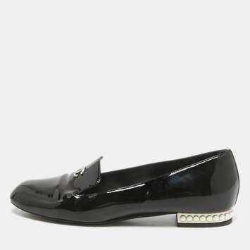Pre Owned Chanel Black Patent Leather CC Pearl Embellished Smoking Loafers Size 38