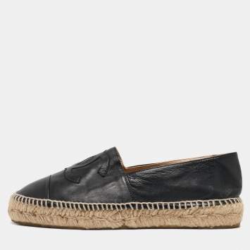 Chanel Black Leather CC Cap Toe Espadrille Flats Size 39