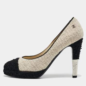 Chanel Black/White Tweed CC Cap-Toe Platform Pumps Size 40