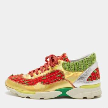 Pre Owned Chanel Multicolor Tweed and Leather CC Low Top Sneakers Size 38