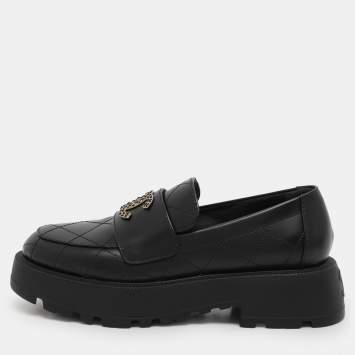 Pre Owned Chanel Black Leather CC Chain Details Moccasins Size 36