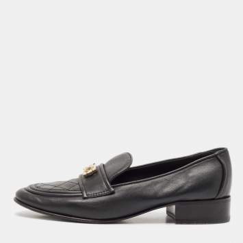 Pre Owned Chanel Black Quilted Leather CC Interlocking Logo Slip On Loafers Size 38