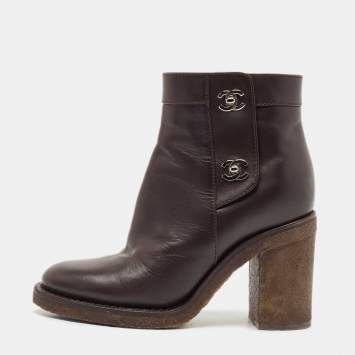 Pre Owned Chanel Dark Brown Leather CC Turn-Lock Block Heel Ankle Boots Size 36