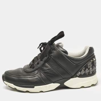Pre Owned Chanel Black Leather Lace Up Sneakers Size 37.5
