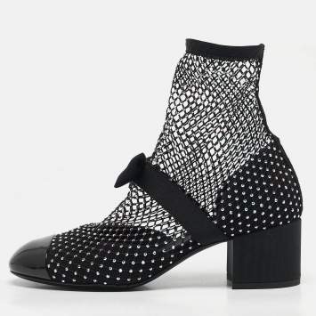 Pre Owned Chanel Black Lace and Patent Leather 23S Crystal Embellished Sock Boots Size 37
