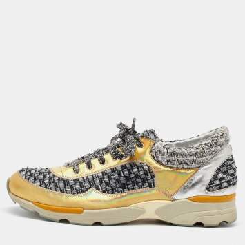 Chanel Gold/Grey Leather and Tweed CC Low Top Sneakers Size 41.5