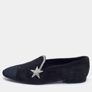 Chanel Black Canvas and Suede Star and Crystal Embellished Ballet Flats Size 36.5