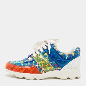 Pre Owned Chanel Multicolor Tweed Fabric And PVC Lace Up Sneakers Size 39.5
