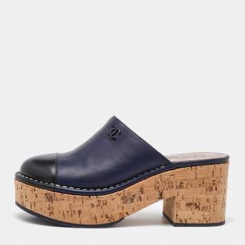Chanel Navy Blue/Black Leather Cap Toe Cork Platform Mules Size 37