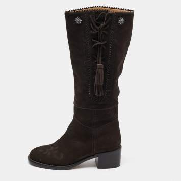Pre Owned Chanel Dark Brown Suede Embroidered Tassel Calf Length Boots Size 37.5