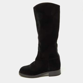 Pre Owned Chanel Black Velvet CC Knee Length Boots Size 38.5