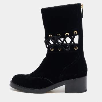 Chanel Black Velvet Lace Mid Calf Boots Size 38.5