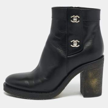 Pre Owned Chanel Dark Black Leather CC Turn-Lock Block Heel Ankle Boots Size 38.5