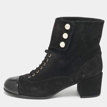 Chanel Black Suede and Patent Leather Cap Toe CC Pearl Ankle Boots Size 40