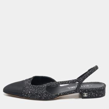 Pre Owned Chanel White/Black Tweed and Canvas CC Toe Slingback Sandals Size 38.5