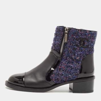 Chanel Multicolor Leather and Tweed CC Combat Boots Size 37