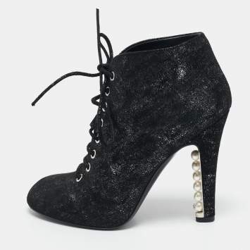 Chanel Black/Silver Suede Pearl Heel Lace Up Ankle Boots Size 36.5