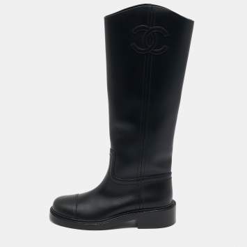 Chanel Black Calf Leather Knee Length Boots Size 38.5