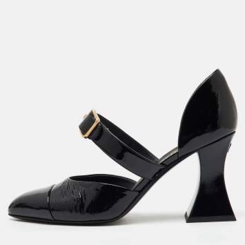 Chanel Black Patent Leather Mary Jane Buckle D'orsay Pumps Size 39