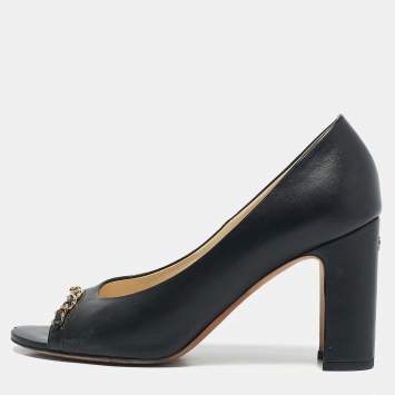 Chanel Black Leather Chain Trim Peep Toe Block Heel  Pumps Size 37 