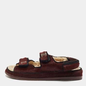 Chanel Burgundy/Black Calfhair CC Dad Flat Sandals Size 38