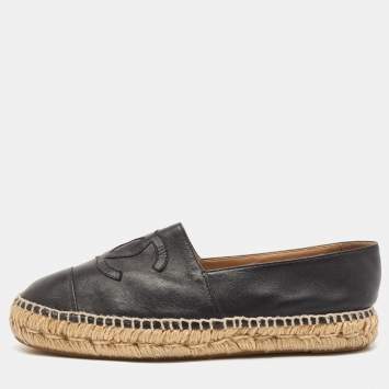 Chanel Black Leather CC Cap Toe Espadrille Flats Size 39