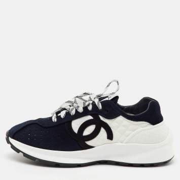 Pre Owned Chanel Navy Blue/White Suede and Fabric CC Logo Low Top Sneakers Size 39