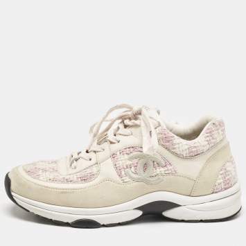Pre Owned Chanel Cream/Pink Tweed and Leather CC Low Top Sneakers Size 36.5