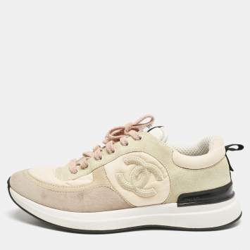 Pre Owned Chanel Multicolor Suede and Nylon CC Logo Lace Up Sneakers Size 38