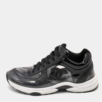 Pre Owned Chanel Black Patent Leather and PVC CC Low Top Sneakers Size 38.5