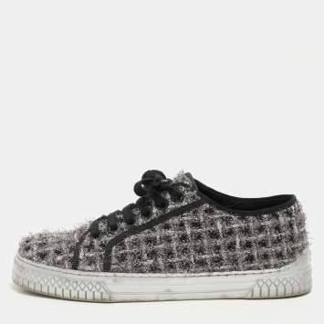 Chanel Silver/Black Lurex Fabric CC Low Top Sneakers Size 37