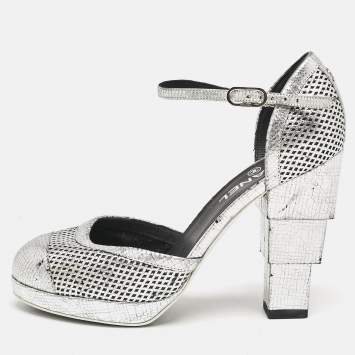 Chanel Silver Laser Cut Leather CC Platform Ankle Strap Pumps Size 38.5 