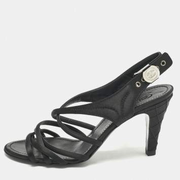 Chanel Black Satin Strappy CC Buckle Sandals Size 39