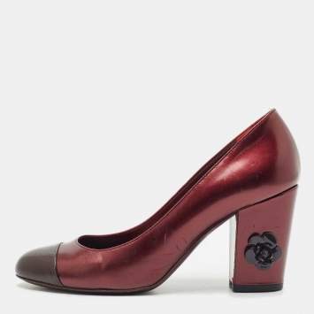 Chanel Burgundy Leather Cap Toe Camellia Flower Embellished Block Heel Pumps Size 39