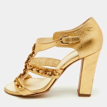 Chanel Metallic Gold Leather Strappy Chain Link Detail CC Sandals Size 39