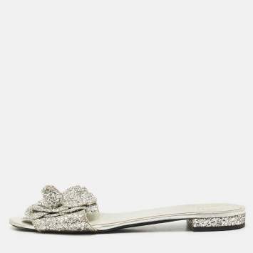 Chanel Silver Glitter and Leather Camellia Flat Slide Sandals Size 39.5