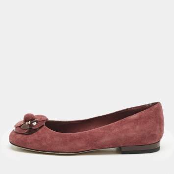 Chanel Burgundy Suede and Patent Leather CC Camellia Ballet Flats Size 35
