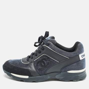 Chanel Navy Blue Leather and Fabric CC Low Top Sneakers Size 40