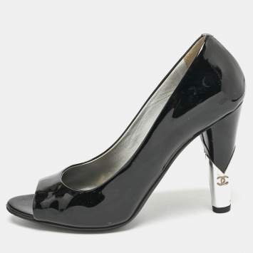 Chanel Black  Patent Leather CC Pearl Embellished Peep Toe Pumps Size 38.5