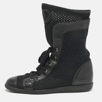 Chanel Black Leather and Mesh Mid Calf Boots Size 39