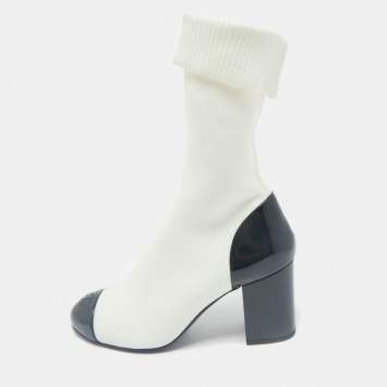 Chanel White/Black Patent Leather and Stretch Fabric CC Sock Ankle Length Boots Size 39.5
