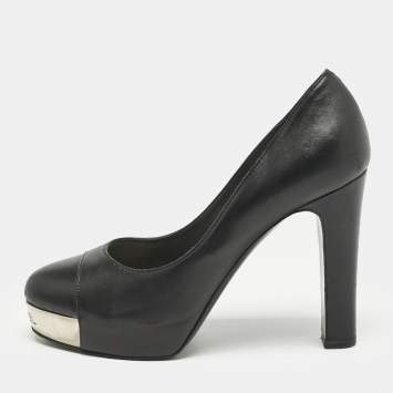 Chanel Black Leather CC Cap Toe Platform Pumps Size 37