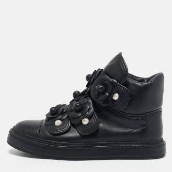 Chanel Black Leather CC Pearl Camelia High Top Sneakers Size 38