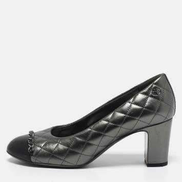 Chanel Metallic/Black Leather Block Heel Pumps Size 38.5