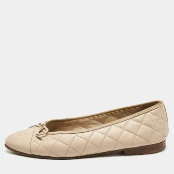 Pre Owned Chanel Beige Quilted Leather CC Bow Ballet Flats Size 37.5