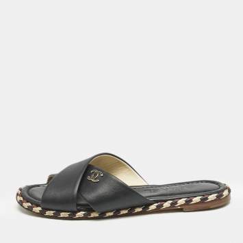 Chanel Black Leather Braided Trim Criss Cross CC Flat Slide Sandals Size 36
