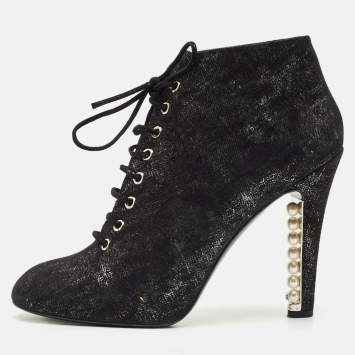 Chanel Black/Silver Suede Pearl Heel Lace Up Booties Size 41